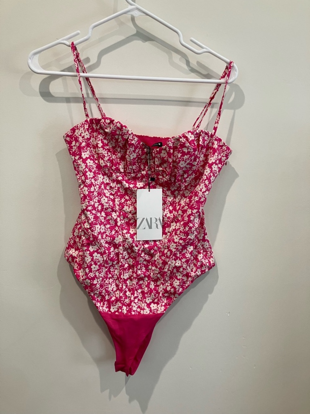 Zara Fuchsia Floral One-Piece Bodysuit with White Print
